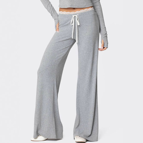 Lace edge drawstring straight leg pants蕾丝边抽绳直筒裤女