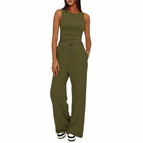 Sleeveless pleated top widelegpantsset无袖褶皱上衣阔腿裤套装