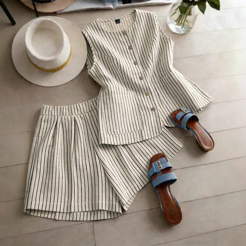 Striped sleeveless top and shorts set条纹无袖上衣短裤套装