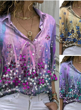 Printed long sleeved collared button up shirt印花翻领衬衫女