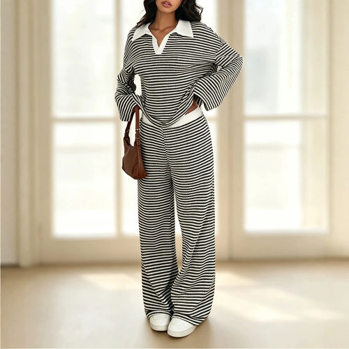 Striped Polo Shirt and Pants Set   条纹Polo领上衣长裤套装