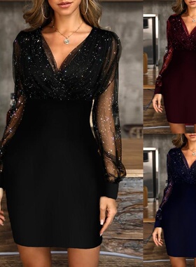 Lace V-neck sequin dress sexy gown网纱V领亮片礼服性感连衣裙