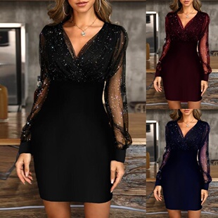 sexy neck dress gown网纱V领亮片礼服性感连衣裙 sequin Lace