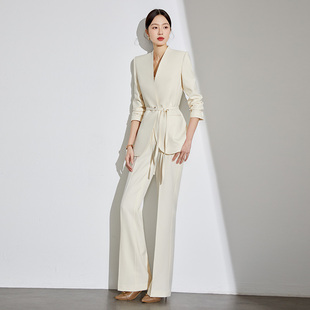 女温柔高级感仙女职业装 飘带西装 米色无领上衣套装 新款 2025春季