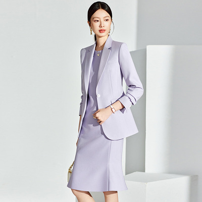 浅紫色气质时尚西服连衣裙套装2026春季新款修身成熟女人味职业装