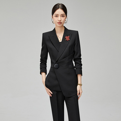 春秋季气质干练商务总裁墨黑色长袖西装上衣喇叭裤套装女高级通勤