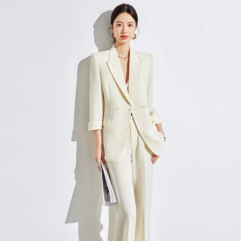 夏季新款通勤西服套装女鹅黄色七分短袖西装上衣喇叭裤高级时尚OL