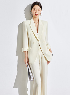 夏季新款通勤西服套装女鹅黄色七分短袖西装上衣喇叭裤高级时尚OL