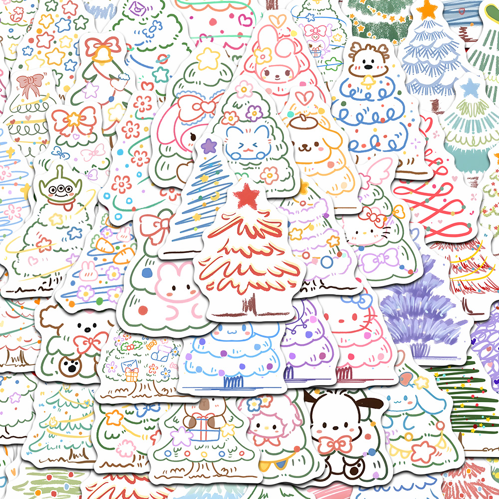 200张手绘圣诞树贴纸手绘简笔画ins风手账本素材手机壳iPad贴画