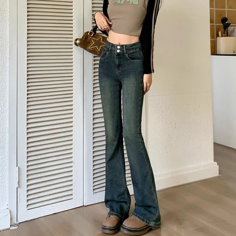 美式复古低腰辣妹微喇叭牛仔裤女2025春季新款九分小个子马蹄裤