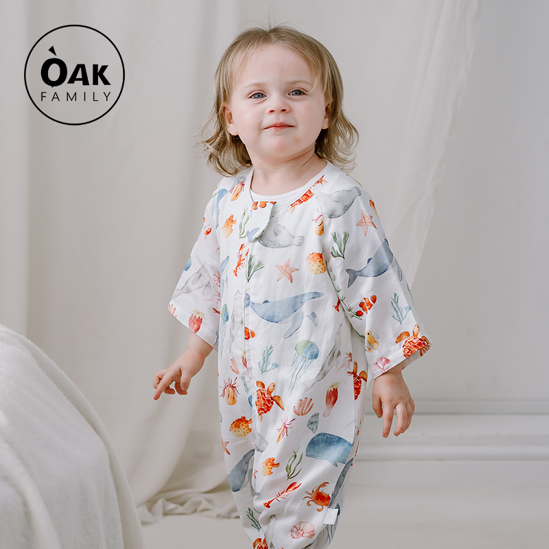 Oak Family宝宝七分袖睡袋四层竹棉纱布儿童防踢被分腿睡衣春秋季