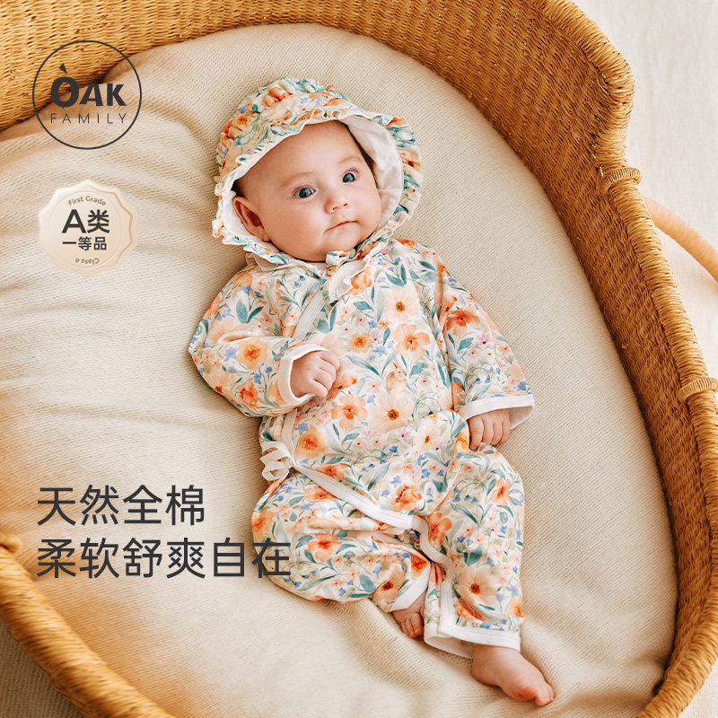 Oak Family春秋女宝宝和式连体衣长袖全棉爬服新生儿周岁0-6-12月