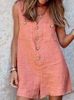 Cotton and Linen V-Neck Button Patch Pocket Tank Top Shorts