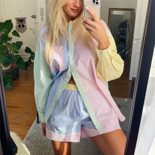 Striped Suit Contrast Shorts New Waist Shirt Color Elastic