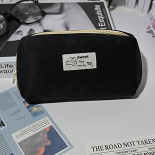 原创灯芯绒小狗笔袋ins初中学生带夹层高颜值纯色简约文具收纳袋