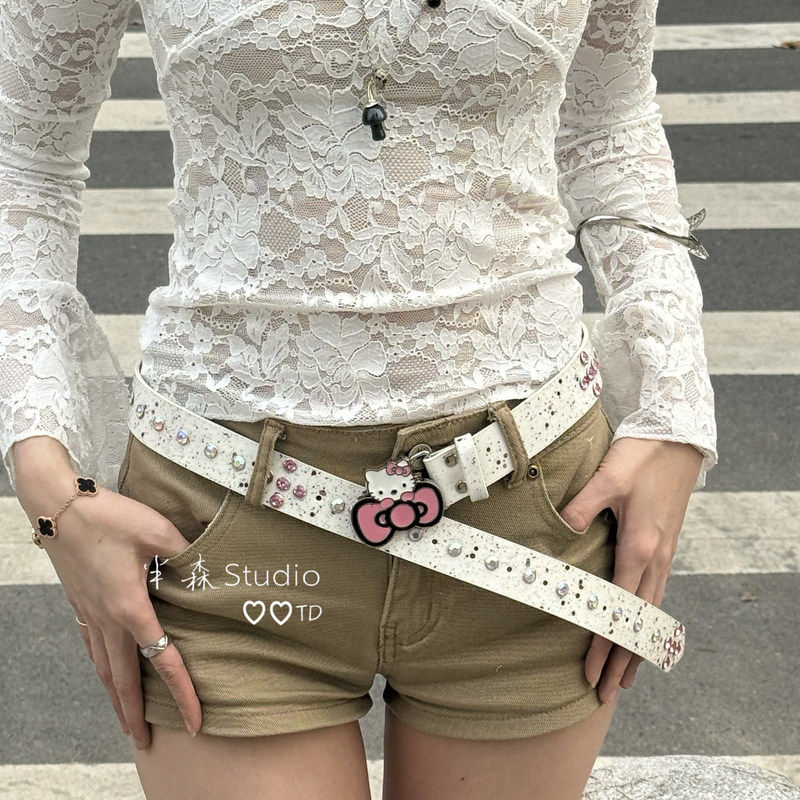 可爱KT甜酷辣妹y2k头腰带卡通亚文化点钻腰带女孩牛仔配饰皮带