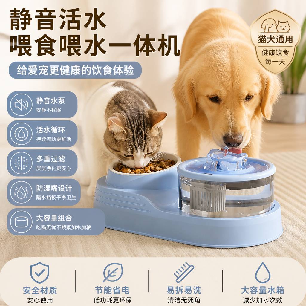 静音活水猫狗喂食喂水一体过滤净水防湿嘴电动宠物大容量喂饮水器