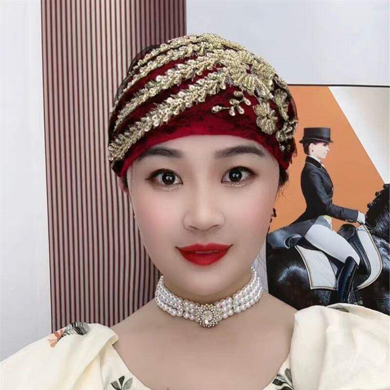 新款凤尾花发带帽子洋气时尚款带后花包打底帽夏季薄款蕾丝包头帽