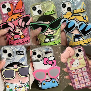 卡通飞天小女警墨镜支架适用于苹果14ProMax手机壳11新款12女xsmax网红xr硅胶iPhone13全包8plus防摔7p保护壳