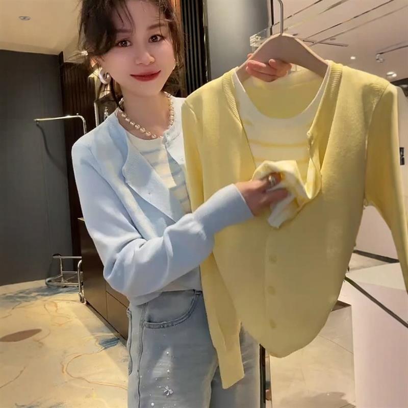 2025春季新款假两件拼接长袖针织开衫女宽松显瘦百搭毛衣外套上衣