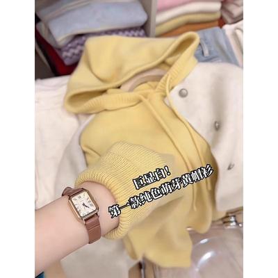 韩系慵懒高级感黄色抽绳连帽针织衫上衣女秋冬季软糯显白带帽毛衣