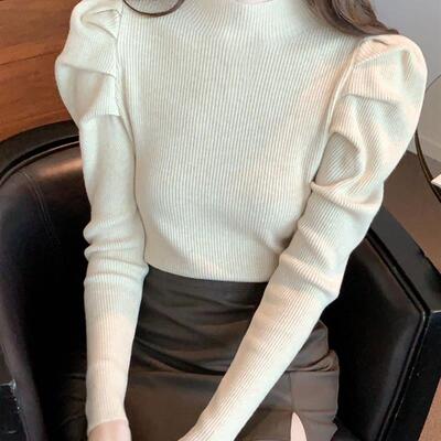 半高领泡泡袖毛衣女2025秋冬新款打底针织衫修身显瘦内搭白色上衣