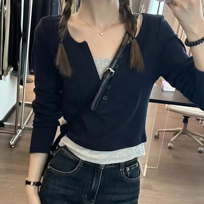 撞色V领假两件打底衫女春秋冬季美式辣妹修身长袖t恤小众显瘦上衣