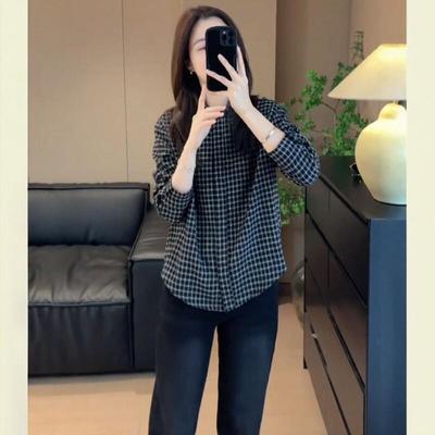 港味复古磨毛加厚格子衬衫女春季2025新款长袖内搭叠穿打底衫上衣