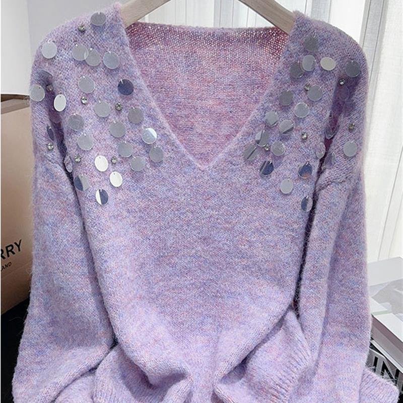 紫色亮片镶钻V领慵懒毛衣女秋季宽松法式绝美洋气软糯针织衫上衣