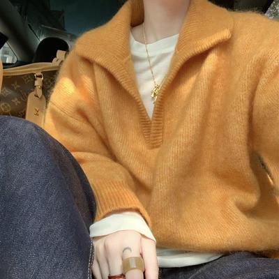 高级感气质翻领针织衫女秋冬季慵懒风毛衣可外穿内搭打底v领上衣