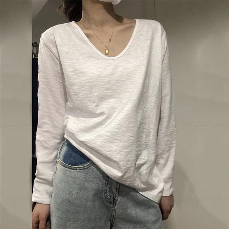竹节棉V领长袖T恤女秋季白色打底衫女宽松2025纯棉内搭v领t基础款