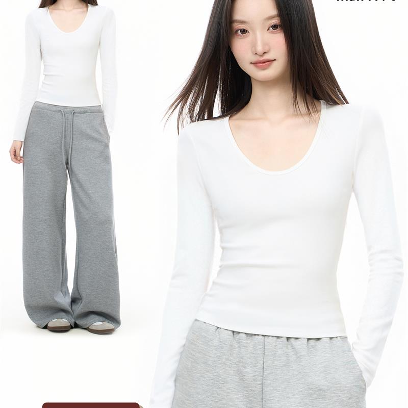 iiiamX白色u领正肩长袖t恤女秋季2025新款修身紧身内搭打底衫上衣
