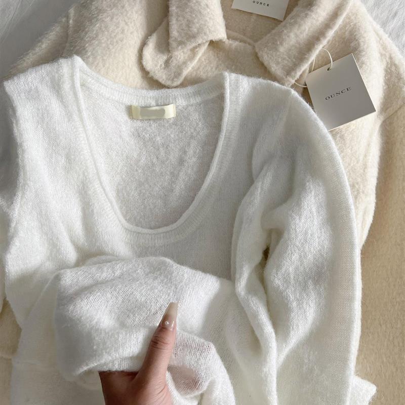 2025新款白色打底长袖卷边针织衫女春秋高级感显瘦软糯内搭上衣潮