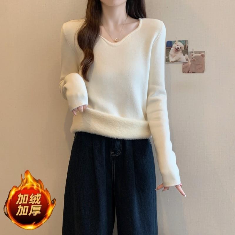 一体绒V领长袖针织打底衫女春秋款2025大码胖mm加厚内搭保暖上衣