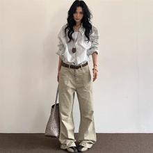 美式复古竖条纹叠穿内搭长袖衬衫女休闲通勤风外穿衬衣外套