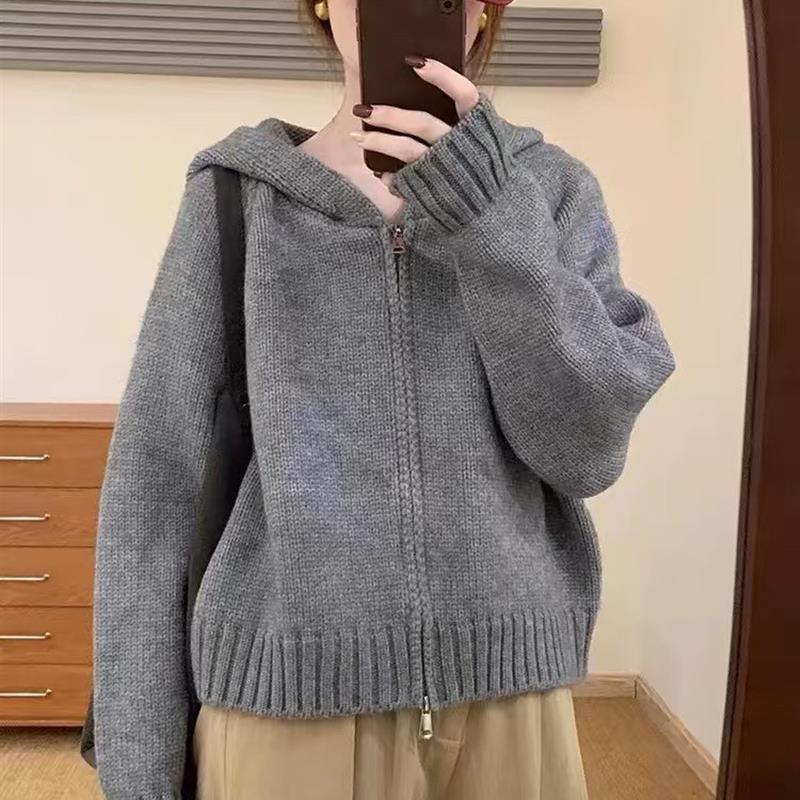 纯色连帽拉炼开衫加厚2025秋冬新款韩版百搭宽松显瘦针织上衣女