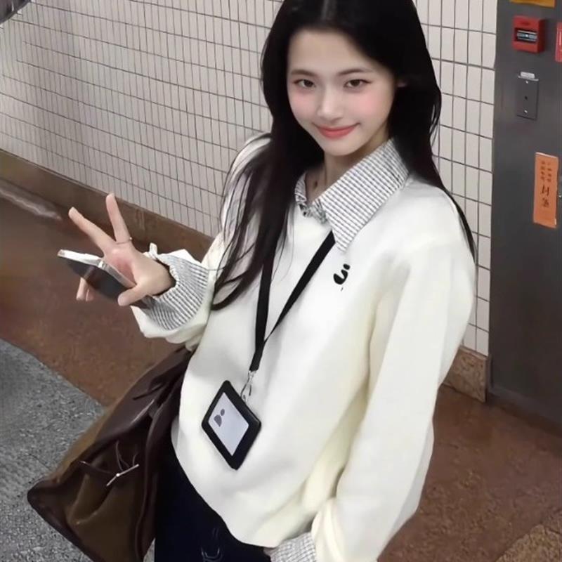 韩系早秋穿搭假两件polo领毛衣女学院风秋冬季衬衫拼接针织衫上衣