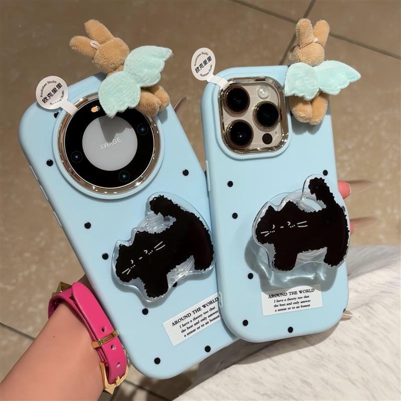 波点猫标签适用iPhone16手机壳苹果13promax带支架oppofindx8新款vivos20华为Nova14小米15红米Turbo4荣耀200