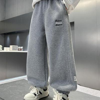 男童裤子春秋冬季儿童男大童卫裤初中生加绒加厚一体黑色胖孩运动