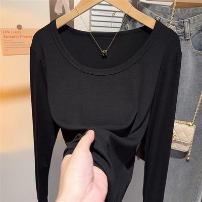 春秋季洋气黑色u领打底衫女内搭低领可外穿修身显瘦长袖t气质上衣