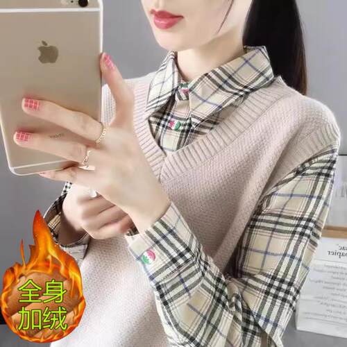 假两件女士马甲毛衣加绒加厚秋冬季新款衬衫领女装上衣针织打底衫
