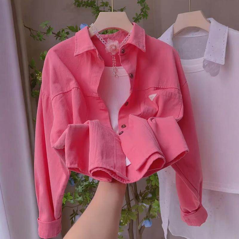 2025春秋季新款女士玫红色甜美减龄衬衫宽松休闲衬衣上衣短款外套,女装/女士精品,衬衫,淘宝优惠券,粉丝福利购,淘宝优惠卷