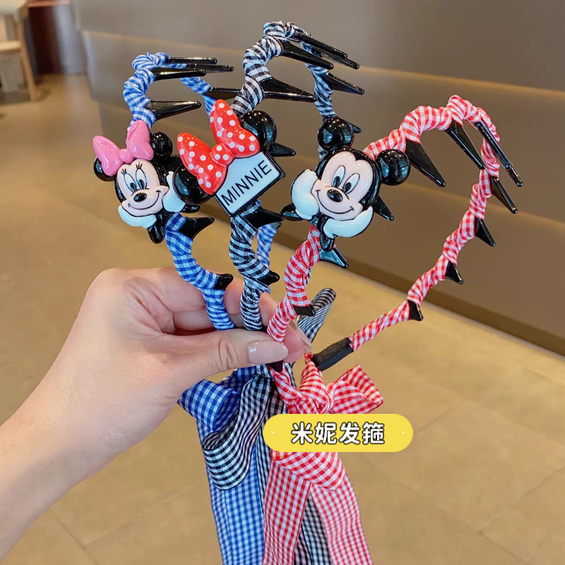 儿童卡通米奇格纹发箍女童长飘带编发头箍女孩可爱带齿不勒头发