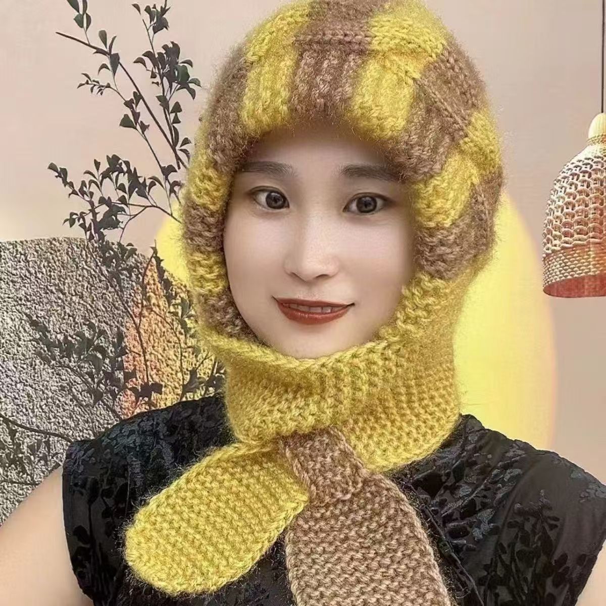 秋冬帽子围巾一体毛线帽子女士保暖针织帽纯手工编织风雪帽松鼠绒