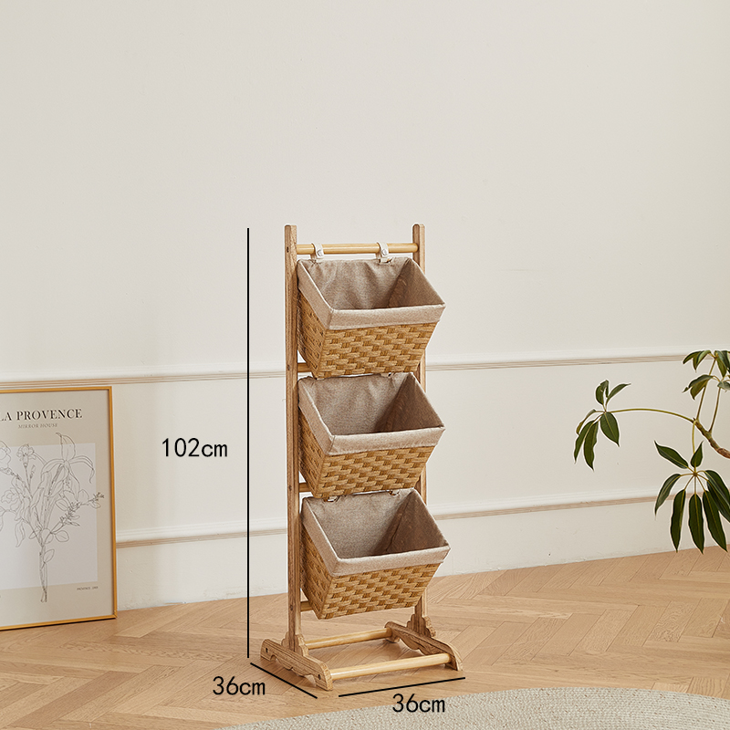 客厅实木落地置物架篮杂物收纳架