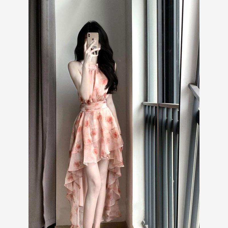 碎花挂脖无袖连衣裙女夏