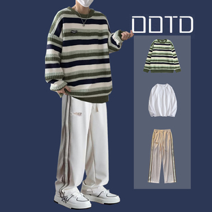 条纹毛衣套装 线衣三件套 男秋冬季 潮牌慵懒风学生搭配一套休闲男装
