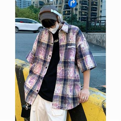 美式刺绣扎染格子短袖衬衫