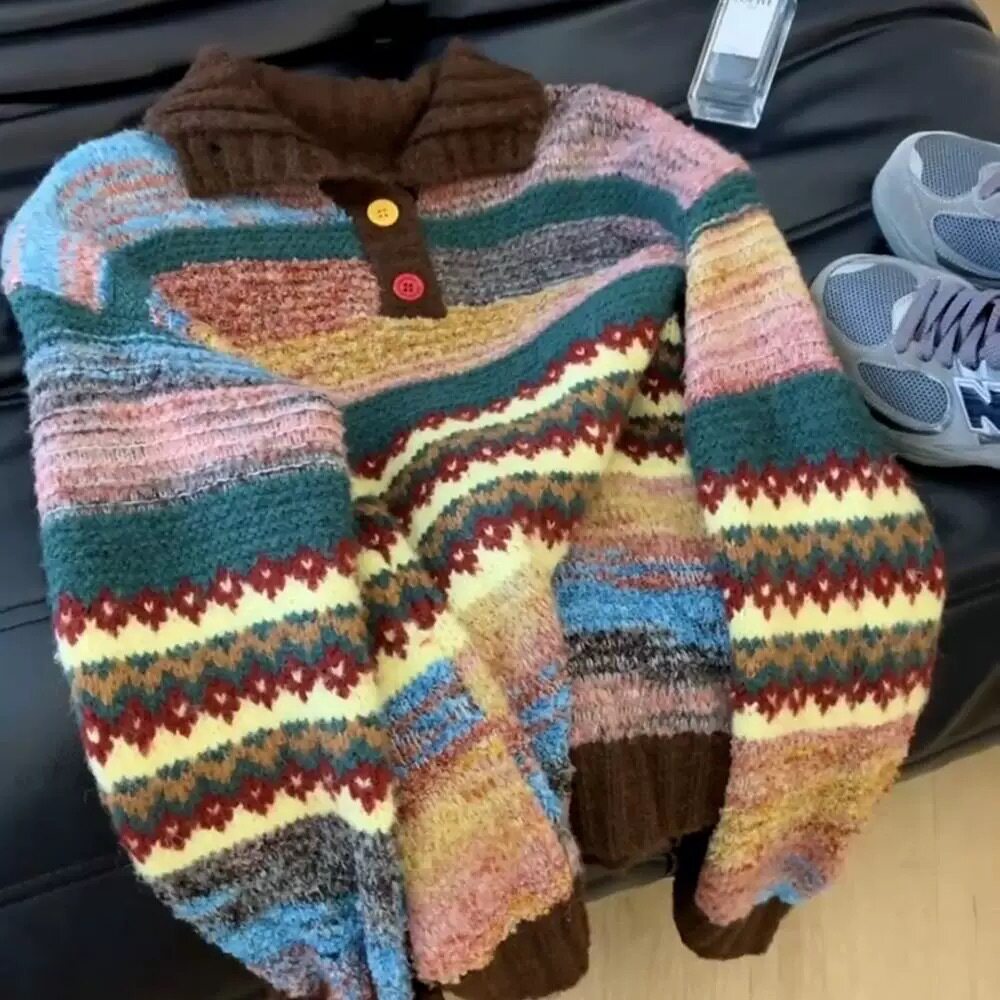 美拉德咖色条纹翻领正肩