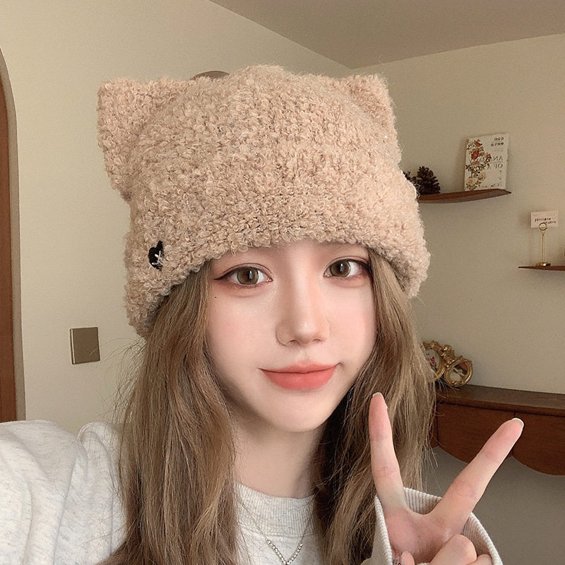 日系甜美可爱猫耳朵爱心毛线帽子女秋冬季保暖加厚护耳毛绒针织帽